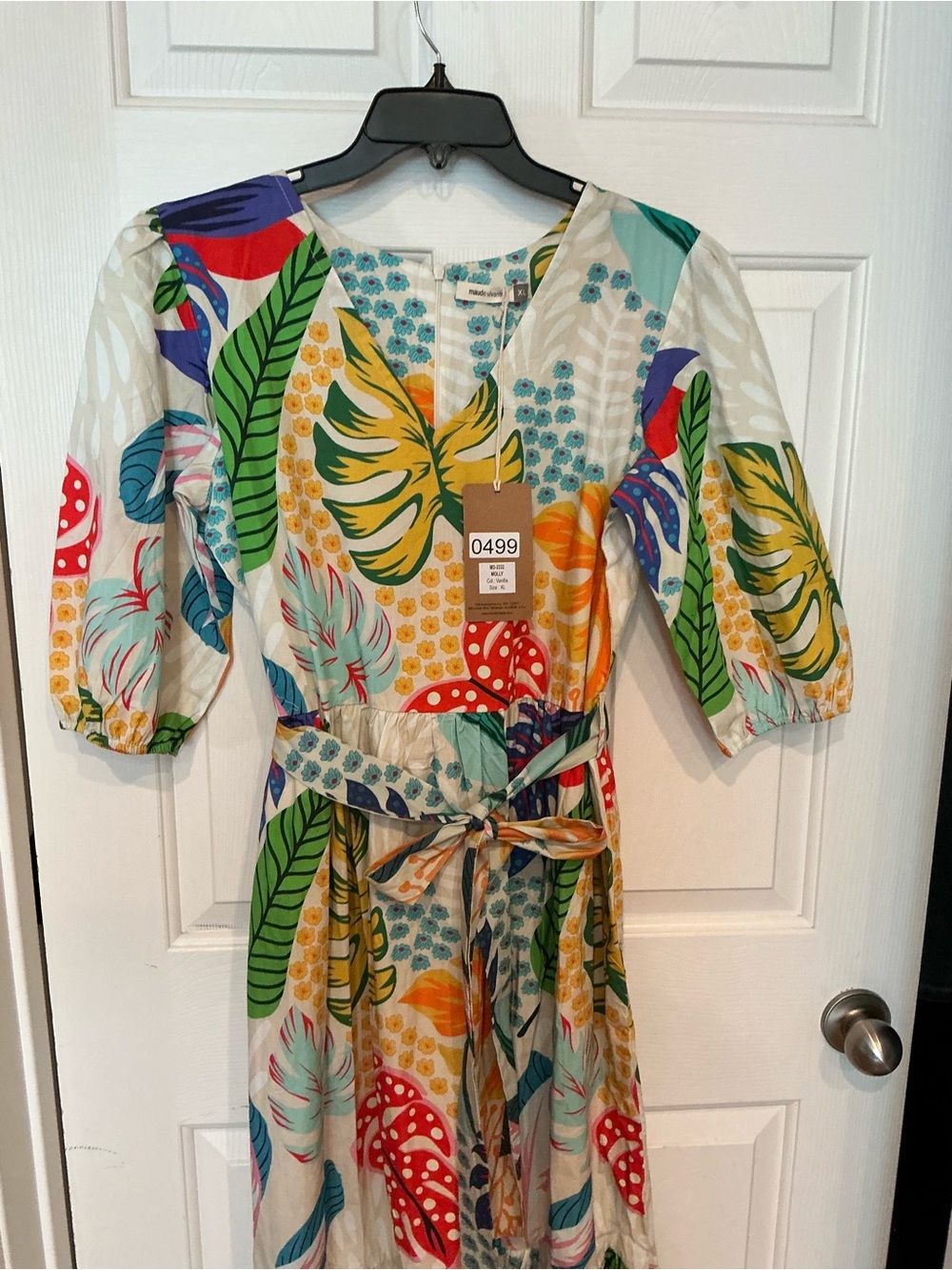 Tropical Print Midi Dress with Tie Waist